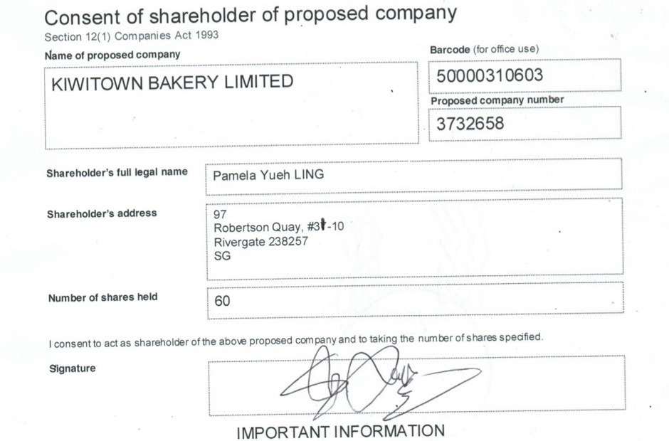 Pamela Ling’s signature as shareholder in the Kiwitown Bakery